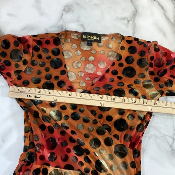 Huminska NY Faux Wrap Dress Womens Sz 0 Orange Burnout Velvet Long Sleeve V-Neck - Picture 10 of 12